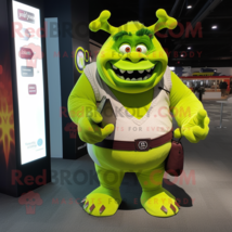 Lime Green Ogre mascot costume character dressed with a V-Neck Tee and Backpacks - £1,043.48 GBP