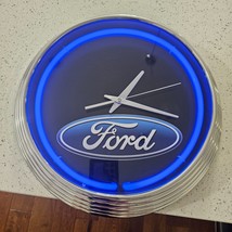 Ford Performance Neon Garage Man Cave Wall Clock Chrome Trim w/ Blue Light! - £36.15 GBP