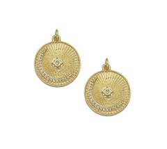 CZ Gold Cresent Moon On Round Coin Charm, Sku#LX154 - $3.99