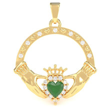 Emerald Diamond Claddagh  Pendant in 14k Yellow Gold - £447.99 GBP