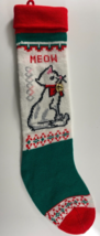 Vintage 22 &quot; Knit Cat Meow Christmas Stocking Green Red Pet Kitty w/ Jingle Bell - £23.80 GBP