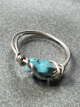 Thin Silvertone Double Wired w Wrapped Robin Egg Blue Turquoise Nugget Stone - £9.02 GBP