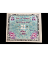 WWII Alliierte Militarbehorde Deutschland Military Banknote Funf Mark 1944 - $19.99