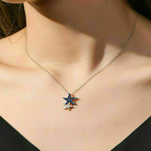 1Ct Blue Sapphire &amp; White Diamond 14K White Gold GP Starfish Pendant Necklace 1&quot; - £71.02 GBP