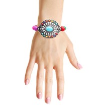 Burnished Silver Turquoise Center Multi Color Cracked Bead Stretch Bracelet - £27.87 GBP