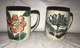 Vintage Stoneware Speckled Brown Coffee Cup Mugs Flowers 3.5” Gorgeous Pair - £13.32 GBP