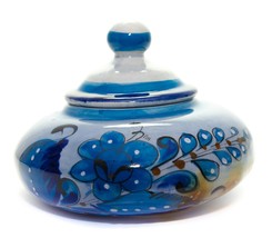 Vintage Mexico Covered Pot Bowl Handmade Folk Art Pottery Blue Floral Signed - £23.71 GBP