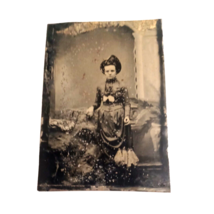 Antique Tintype Woman in Fancy Victorian Dress and Hat Studio Portrait N4 - £9.47 GBP