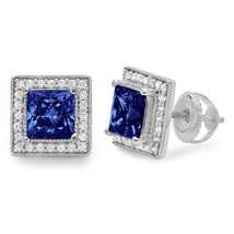 2.5CT Simulé Saphir Diamant Halo Boucles D&#39;Oreilles 14k Plaqué or Blanc Argent - £174.12 GBP