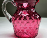 LOVELY CRANBERRY GLASS 6&quot; PITCHER WITH APPLIED CLEAR HANDLE DIAMOND QUIL... - £31.34 GBP
