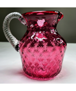 LOVELY CRANBERRY GLASS 6&quot; PITCHER WITH APPLIED CLEAR HANDLE DIAMOND QUIL... - $40.00