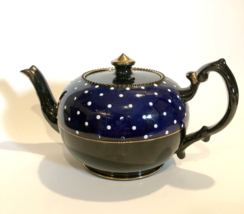 Vintage Teapot  Cobalt Blue, Jet Black, White Enameled Dots with Gold Accents - £15.27 GBP