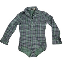 Vtg 70s Jump Shirt Blue/Green Plaid Bodysuit Snap Gusset  Button Necklin... - $39.55