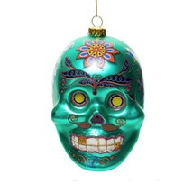 SKULL ORNAMENT 4&quot; Glass Christmas Tree Day of the Dead Sugar Muerto Teal... - €11,24 EUR