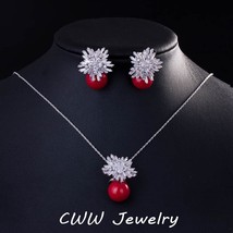 Fashion jewelry cubic zircon flower big red pearl pendant necklace and earrings set for thumb200