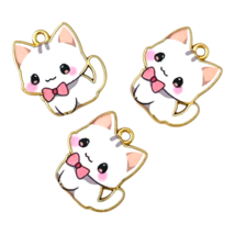 10 pcs White Pink Cat Charms Enamel Bead Drops Art Jewelry DIY Findings 21x20mm - $4.99