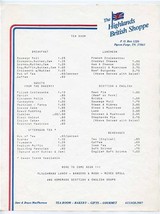 The Highlands British Shoppe Tea Room Menu Pigeon Forge Tennessee 1990&#39;s - £14.24 GBP