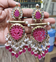 Bollywood Style Gold Plated Indian Kundan Long Rani Pink Earrings Jewelry Set - £29.14 GBP