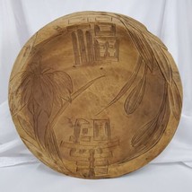 VTG Asian Hand Carved Wood Bowl Engraved Rustic Low Floral Design 11” Decorative - £15.26 GBP