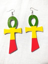Eternal ANKH Painted Green Yellow and Red Reggae Colors Wooden 3 1/2&quot; Earrings - £5.46 GBP