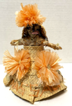 Rare Vintage Handmade Straw Woven Doll Orange Flowers Dress Bonnet 7.25 in - £12.47 GBP