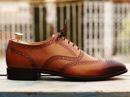 Handmade Pure Leather Tan Wing Tip Brogue Shoes, Men&#39;s Dress Lace Up Shoes - $159.99