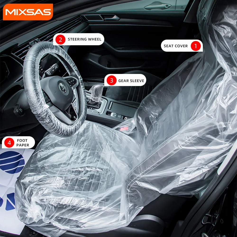 MIXSAS 4/Set Car Disposable Plastic Seat Covers 012 With Steering Wheel Gear - £9.52 GBP+