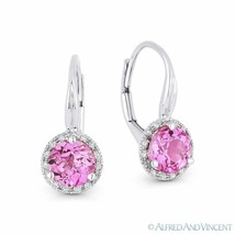 1.62ct Pink Lab-Sapphire &amp; Diamond 14k White Gold Drop Leverback Baby Earrings - £273.32 GBP