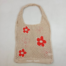Crochet Floral Tote Shoulder Bag Natural Mesh 21x12&quot; Red Flowers - $14.84