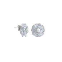 Silver Flower White Pearl Stud Earrings, Sku#ZX232 - $7.90