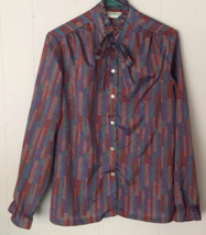 Vintage 70&#39;s Lucky Winner S blouse button-close long sleeve multi-color made USA - £11.73 GBP