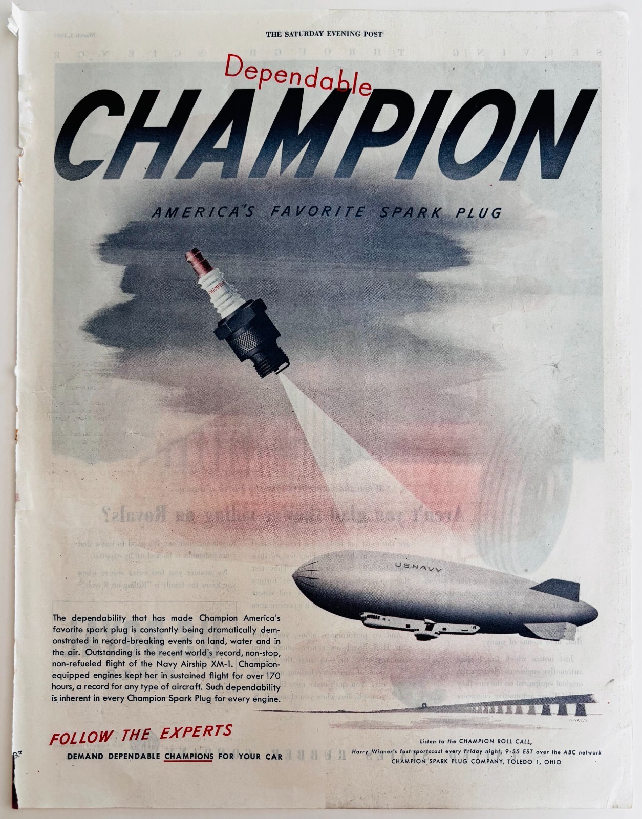 1947 Champion Spark Plugs Advertisement Navy Airship XM-1 Blimp Zeppelin DWWW3 Item image 2