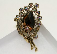 Vintage Flower Brooch - 3D Amber Rhinestone Flower Cluster Brooch Pin  W Antique - £21.38 GBP