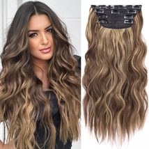 Clip in Hair Extensions Honey Blonde Mixed Light Brown 20 Inch Long Wavy Synthet - £25.07 GBP