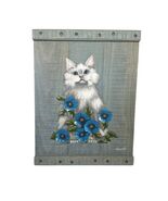Vtg Joyce Langelier Hand Painted White Cat Blue Flowers on Wood Signed 1... - €77,33 EUR