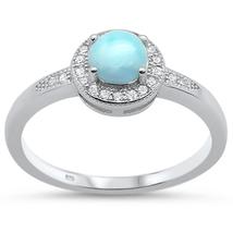 Sterling Silver Natural Round Larimar &amp; CZ Halo Style Ring - £24.05 GBP