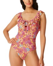 $98 Jessica Simpson Womens Floral Rendevous Ruffled-Neck Swimsuit Orange Large - £17.74 GBP