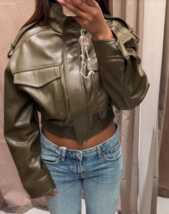 ZARA BNWT 2025. MID KHAKI FAUX LEATHER CROP JACKET BOMBER. 4749/701/533 - $108.20