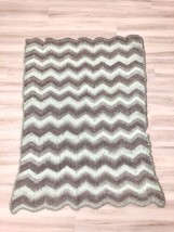 Handmade Crochet Knit Afgan Throw Baby Blanket Nursery 42x54” Green Grey Chevron - £7.61 GBP