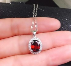 2Ct Oval Cut Red Garnet Halo Pretty Pendent 14K White Gold Over 18&#39; Free Chain - £90.23 GBP