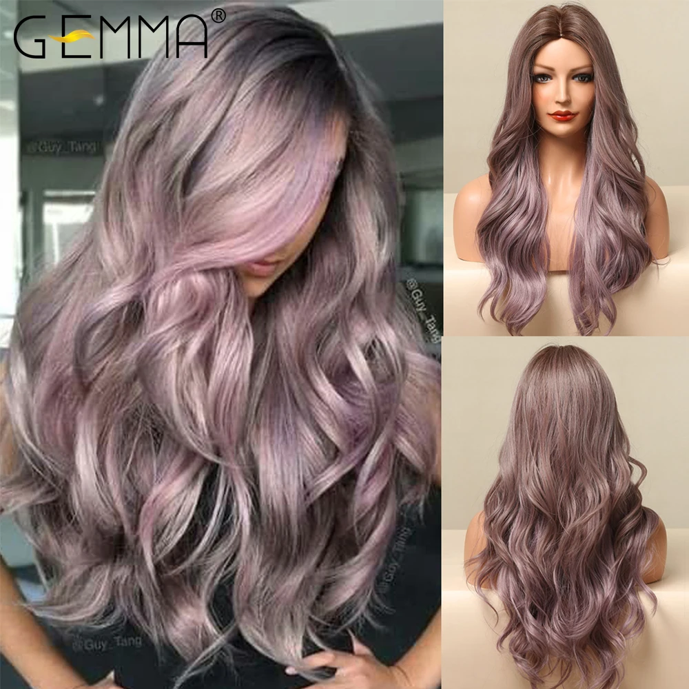 GEMMA Long Wavy Ombre Brown Purple Synthetic Wigs for Women Heat Resista - £13.96 GBP+
