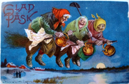 Easter Witch Postcard Glad Pask 3 Witches Tea Pots Brooms Moon Jenny Nystrom - £45.98 GBP