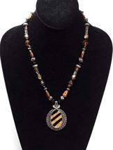 Chico&#39;s Beaded BOHO Necklace Tiger Stripe Enamel Pendant 20&quot; Rustic EUC - £13.41 GBP