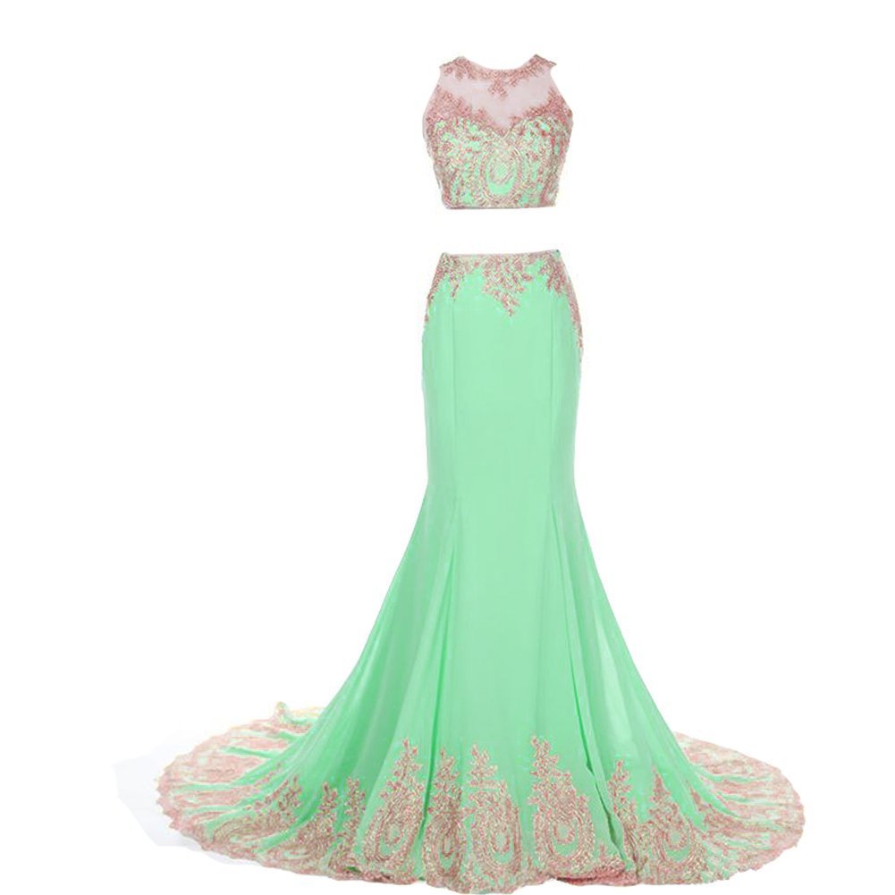 Kivary 2 Pieces Mermaid Gold Lace Sheer Crew Neck Formal Long Prom Evening Dress