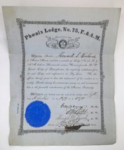 c.1879 Phoenix Lodge No. 75 F. &amp; A.M. Document with Seal and Signed by M... - $50.00