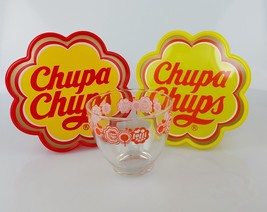 Chupa Chups lollipops glass bowl 2017 and red and yellow empty storage b... - £16.13 GBP