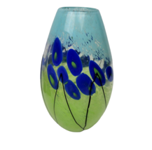 Blue Floral Hand Blown Art Glass Vase Abstract Textured Black Lines Vintage 10&quot; - £55.39 GBP
