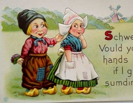 Valentines Postcard Dutch Boy And Girl Windmill Wooden Shoes Embossed Unused JEP - £8.06 GBP