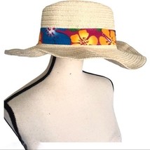 vintage Floral Print Beach Straw Brim Hat - £22.34 GBP
