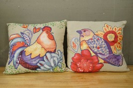 Original Art Linen Throw Pillows Chicken Bird Applique Hand Painted Cottage Core - £30.42 GBP